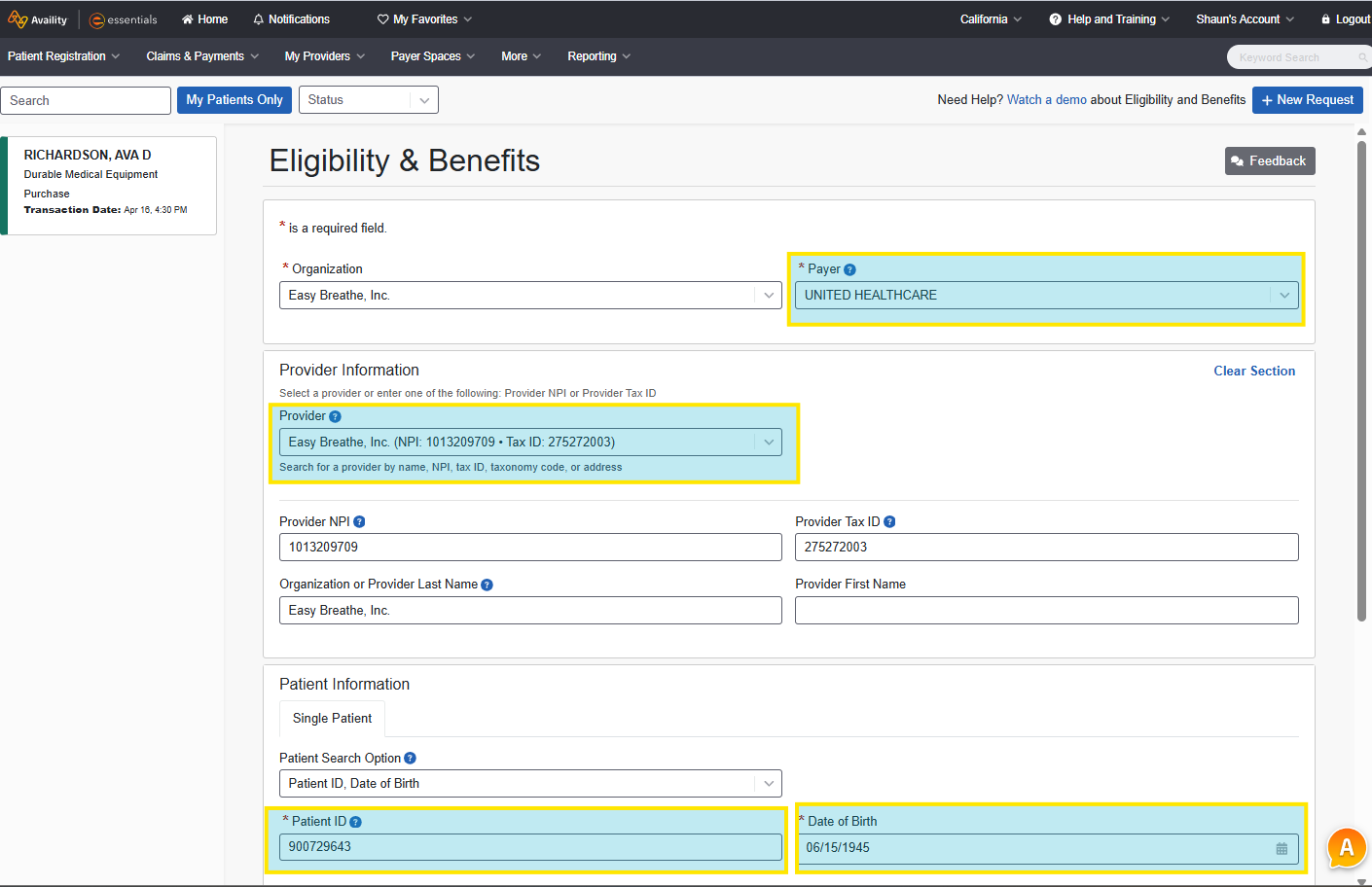 Availity Eligibility & Benefits portal showing Payer, Provider, and Patient Information fields