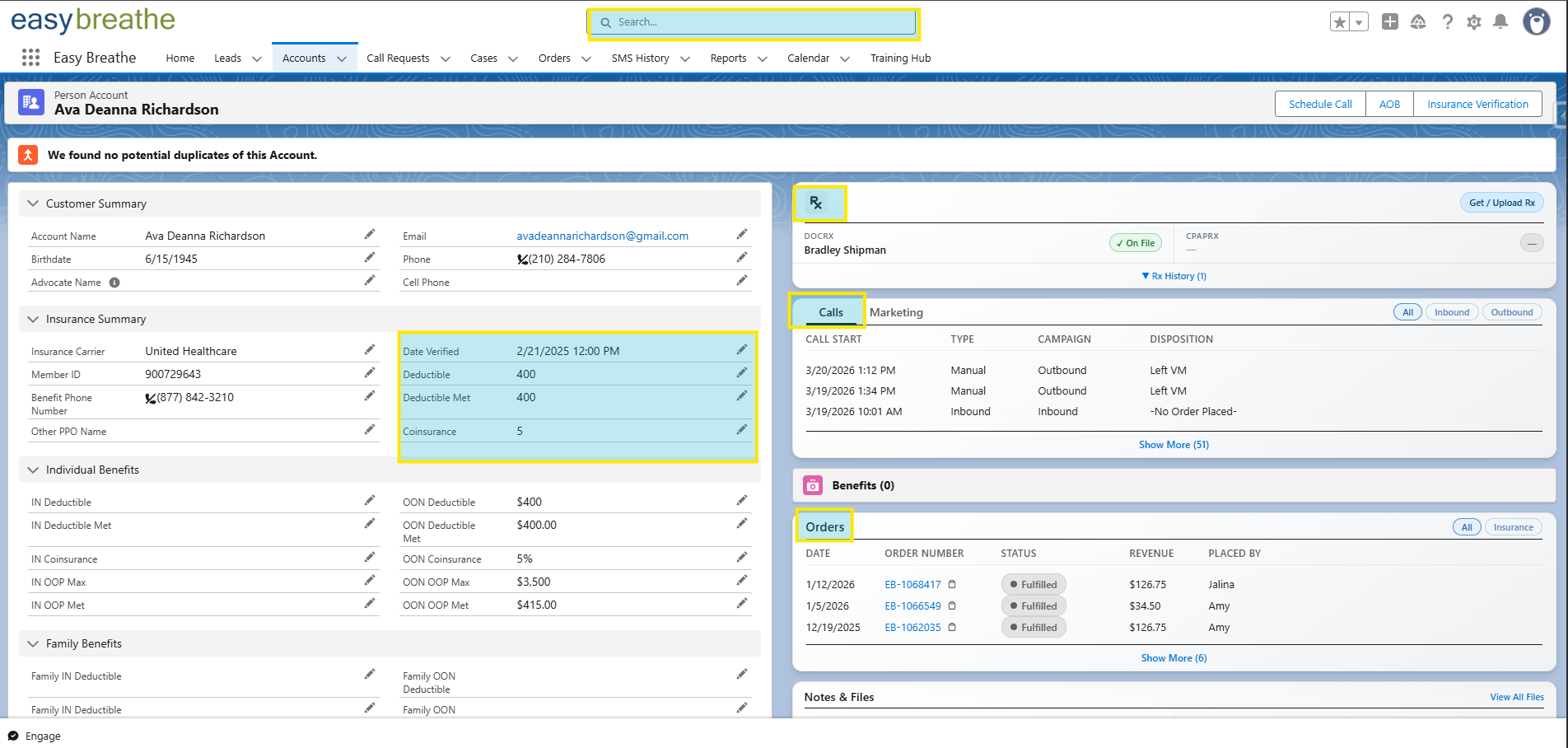 Salesforce Account record showing Global Search, Insurance Summary, Rx, Calls, and Orders sections