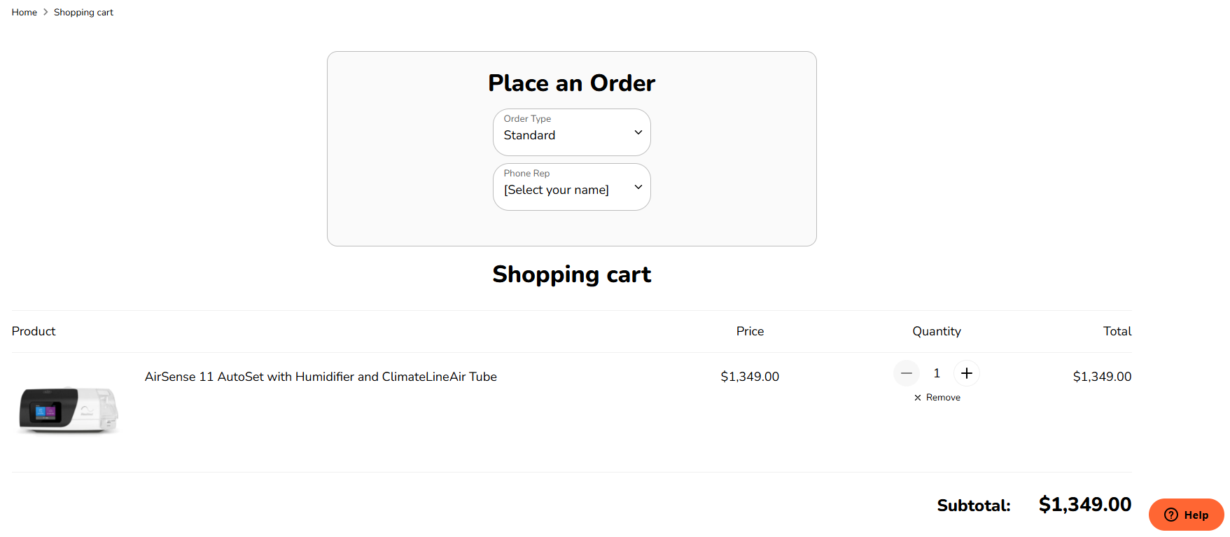 Place an Order form on easybreathe.com with Order Type and Phone Rep dropdowns